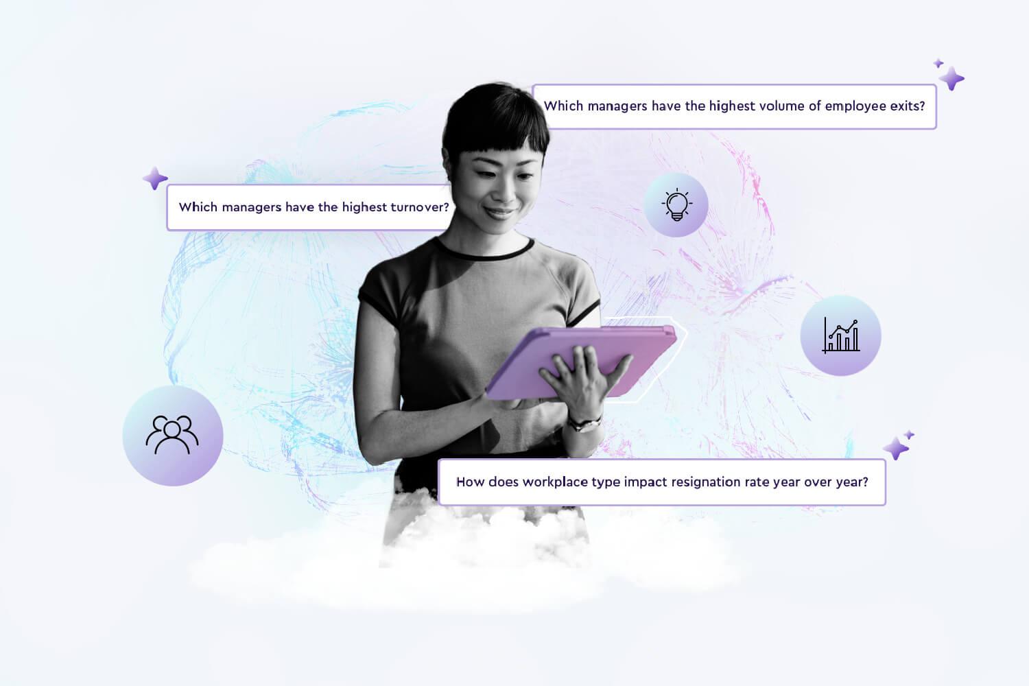 A woman holding a tablet with AI-driven insights displayed around her, representing the growing role of artificial intelligence in human resources decision-making.