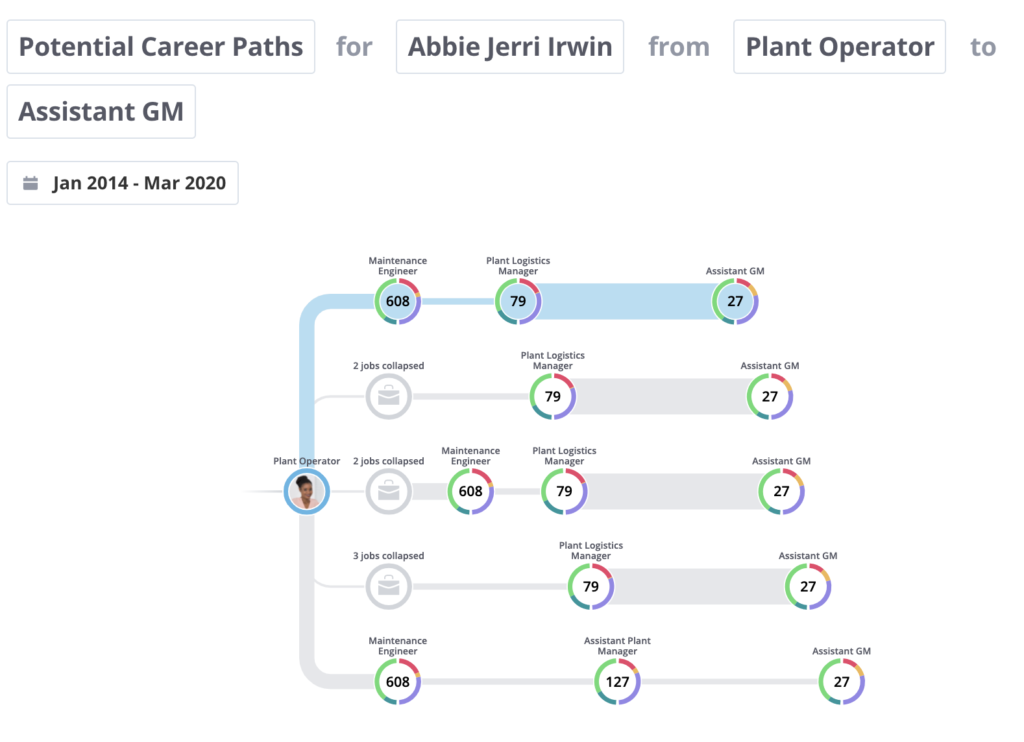 Career Path visualization for a fictional employee named Abbie Jerri Irwin It shows how she can move from Plan Operator to Assistant GM