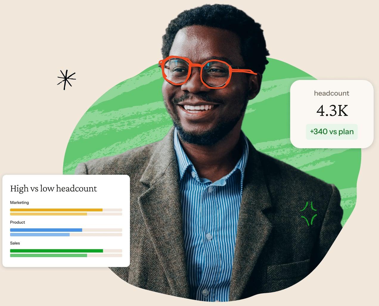 Smiling man in orange glasses beside headcount insight cards
