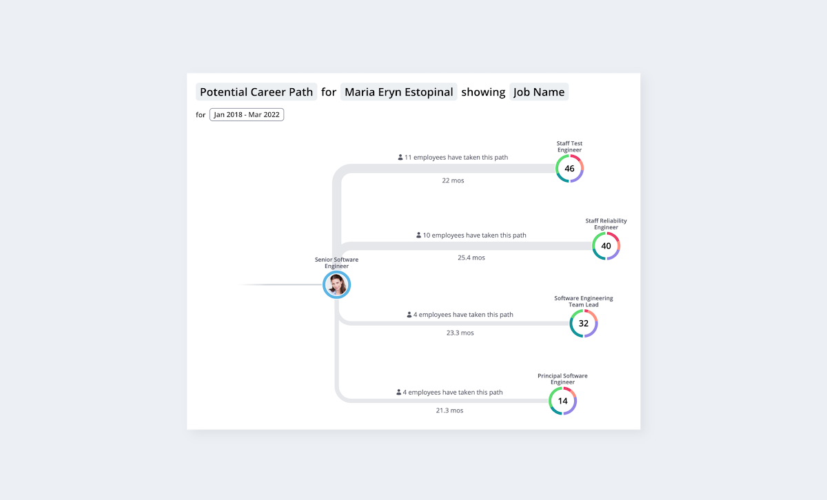 Visualization of a potential career path of an individual, based on others who have taken similar paths.