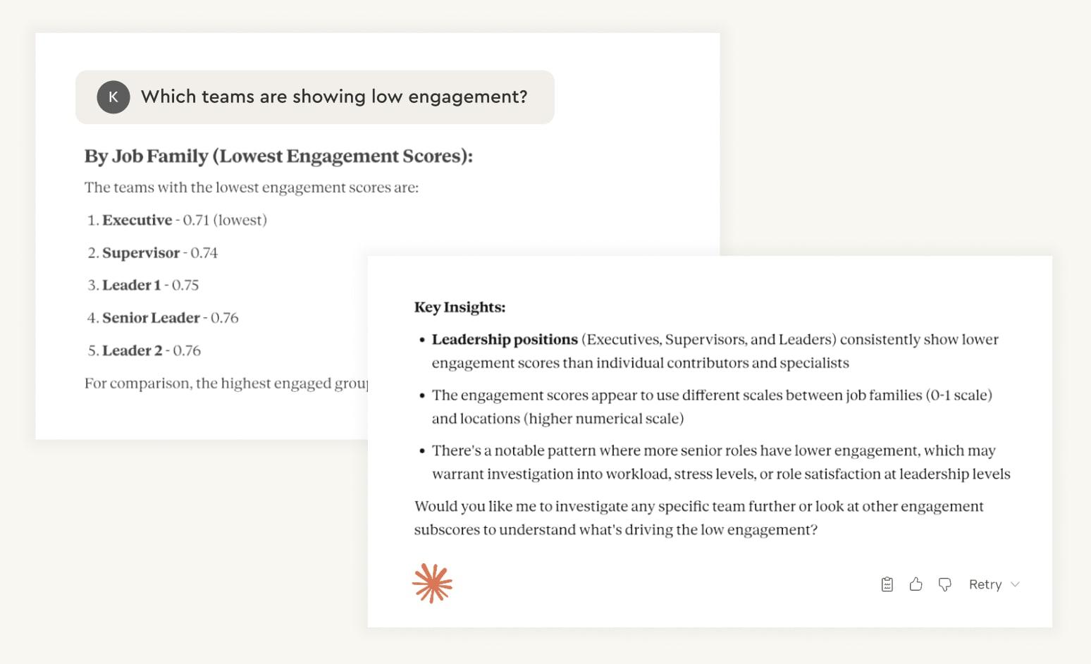 Visier and Claude - Prompt: “Which teams are showing low engagement?”