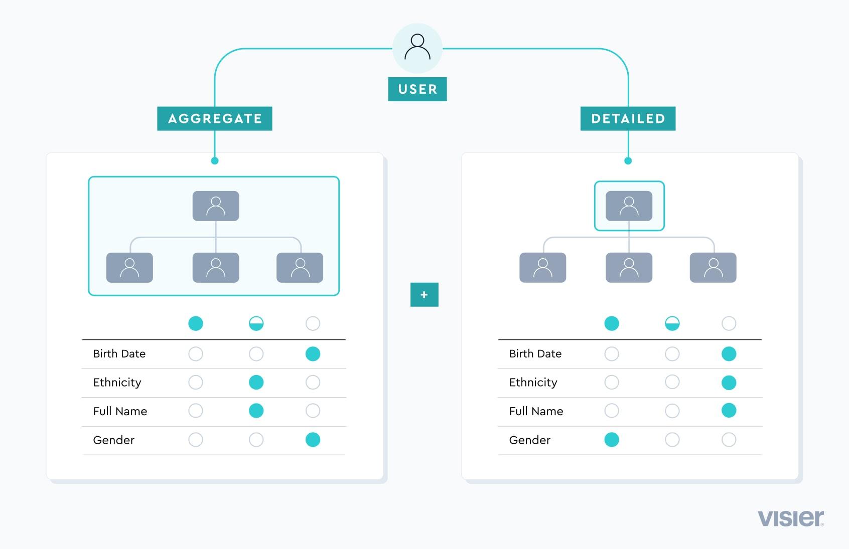 Infographic showing aggregate vs. detailed access control from a user’s perspective