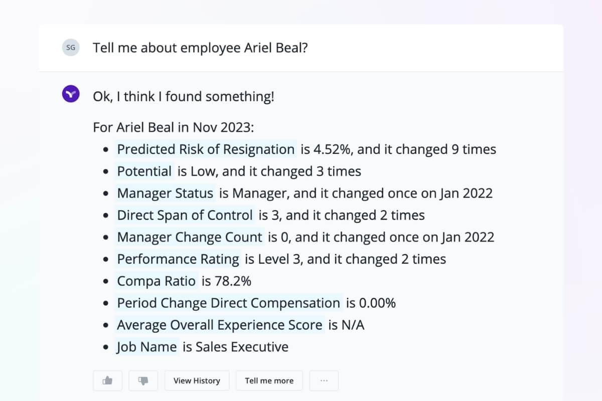 Vee genAI answers questions about individual employee metrics