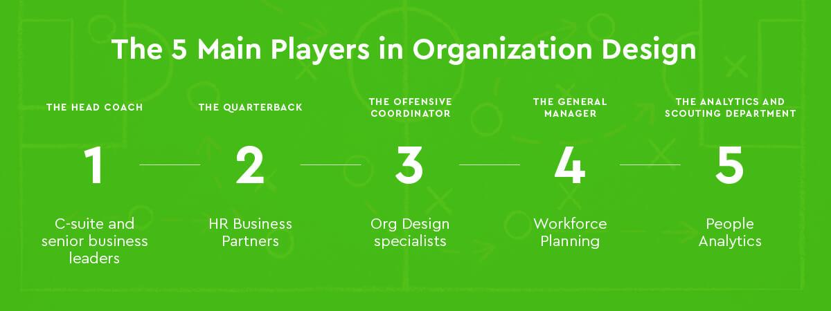 a breakdown of the sports team analogy of the key players in org design