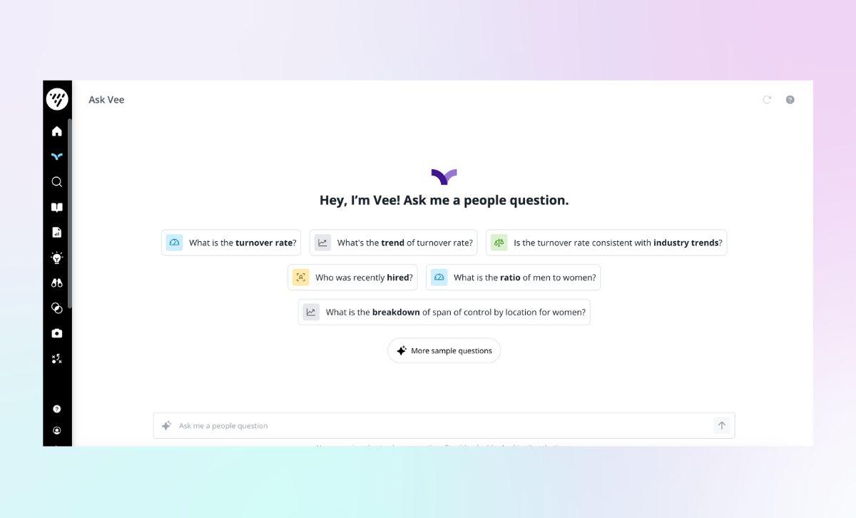 Vee provides sample questions to get users started quickly, even if they don't know what to ask.