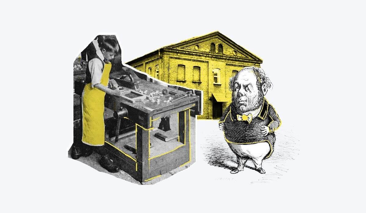 A factory worker in an apron at a workbench and a caricature of a supervisor, depicting labor practices that influenced the establishment of human resources in the early 20th century.