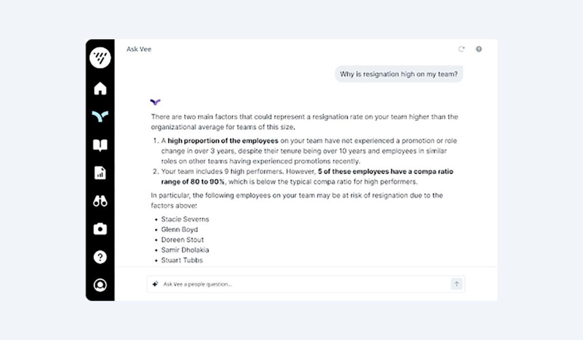 A screenshot of Visier's Vee answering a question about resignation rates.