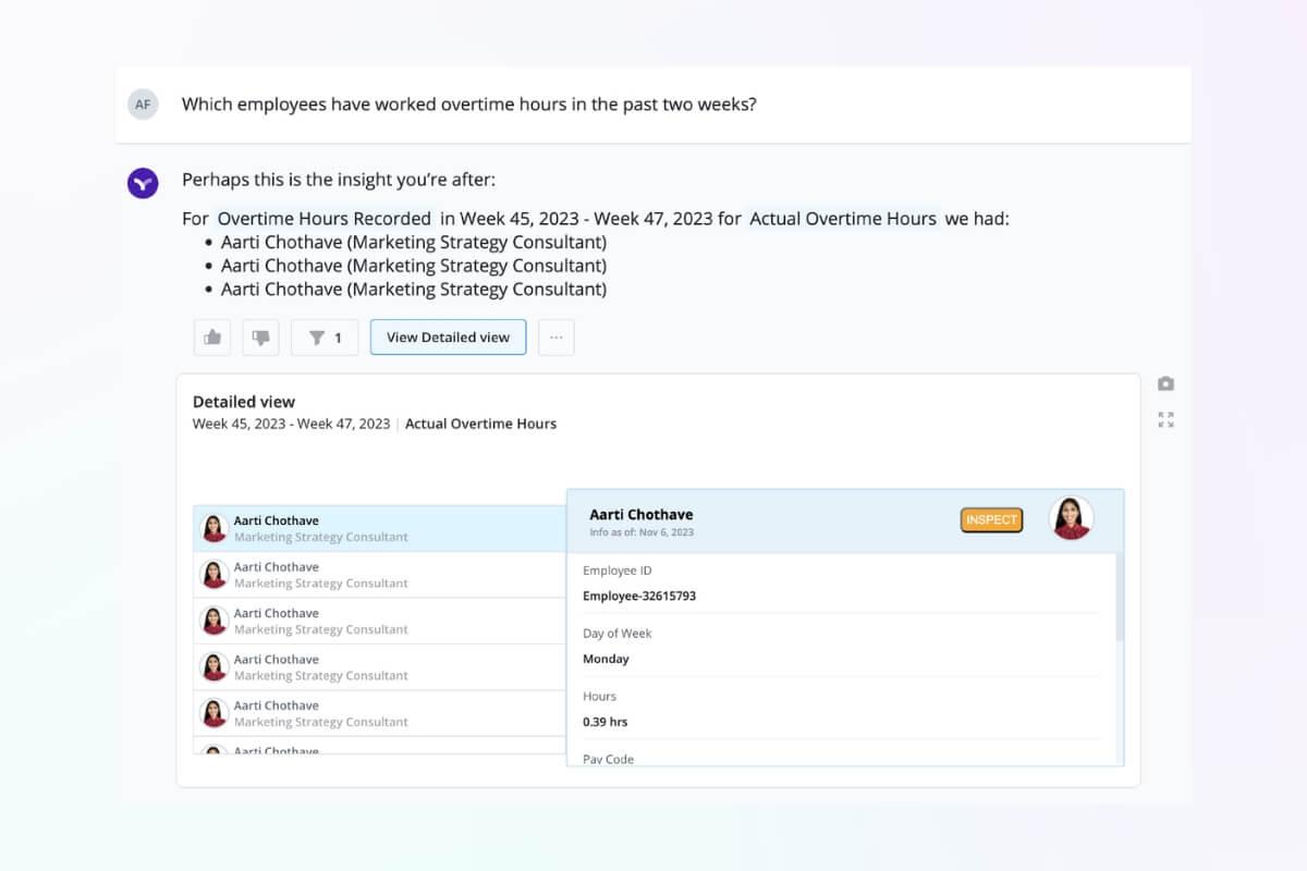 An example of a question Vee can answer for line managers about overtime hours.