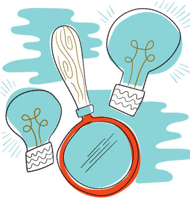 Illustration of light bulbs and a magnifying glass