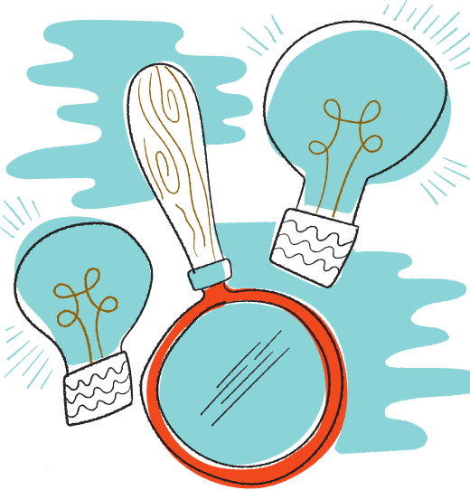 Illustration of light bulbs and a magnifying glass
