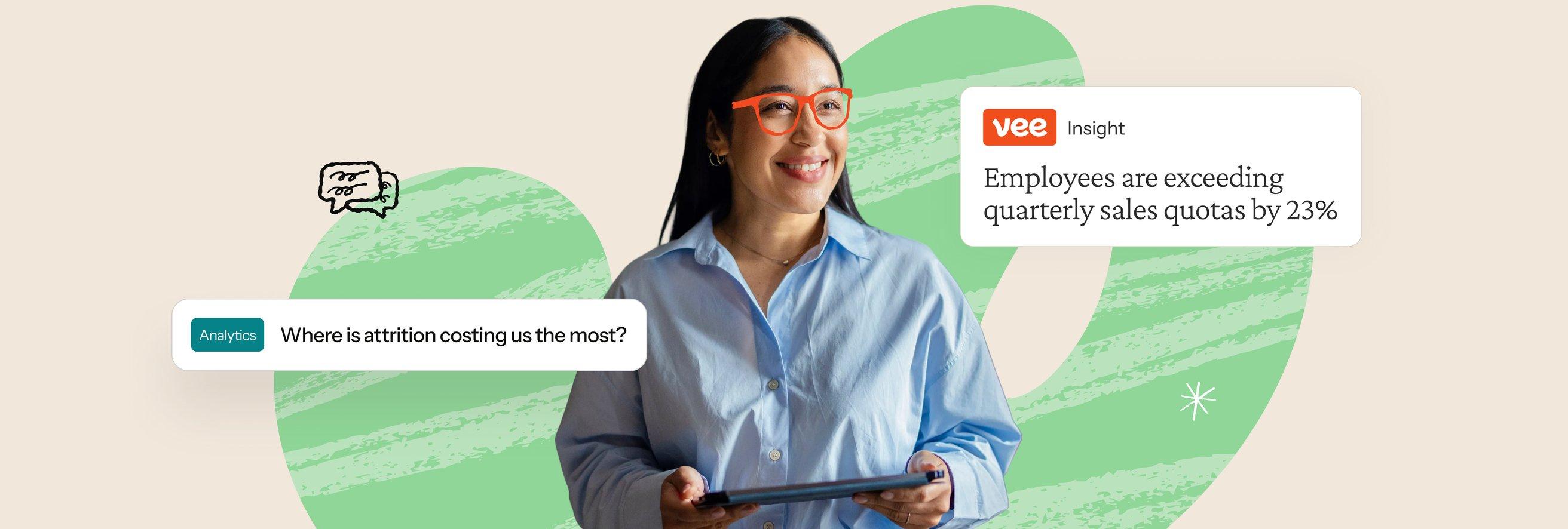 People analytics lead holding a tablet with a Vee insight card