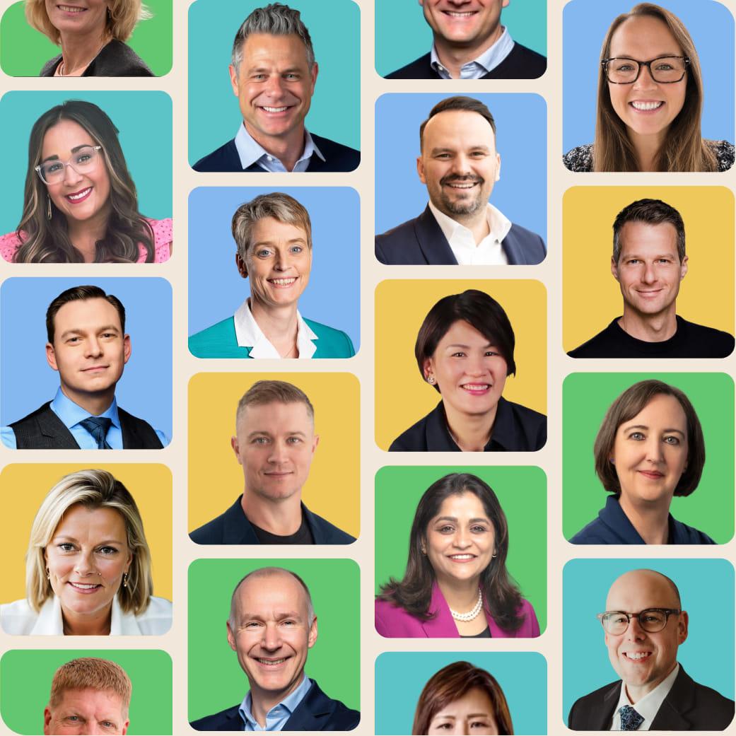 Headshots of Visier’s Top 50 HR Leaders to Watch in 2026 on green, teal, blue and yellow tiles