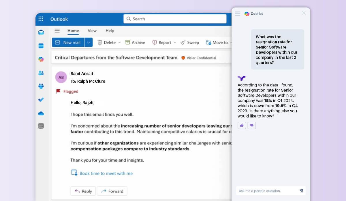 Ask Copilot a question about people and get an answer provided by Vee—all without leaving the email, document, or spreadsheet you’re working on.