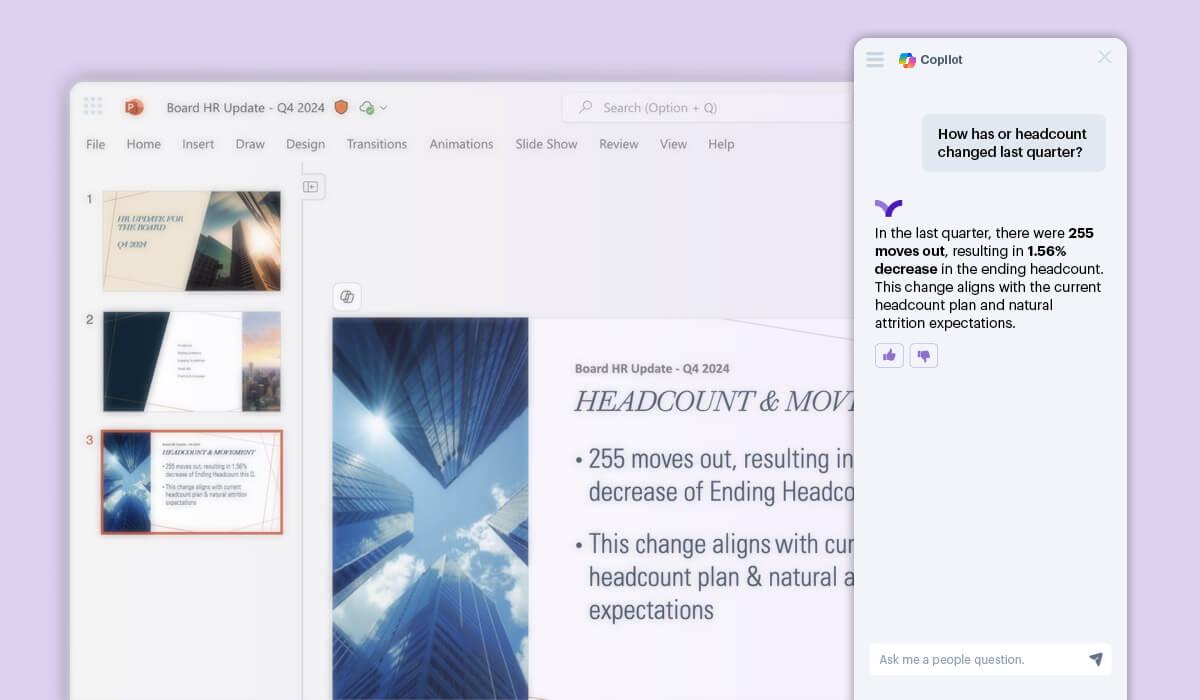 Users can ask people-related questions via Copilot while using PowerPoint.