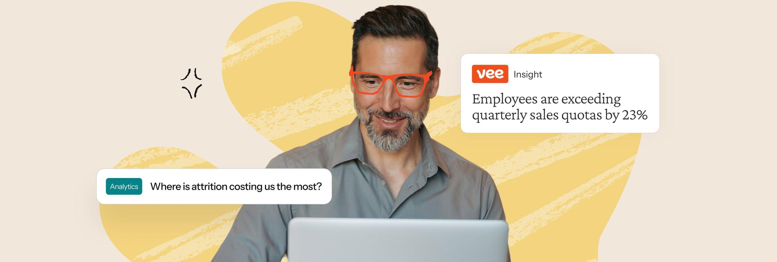 HR leader working on a laptop with a Vee insight card