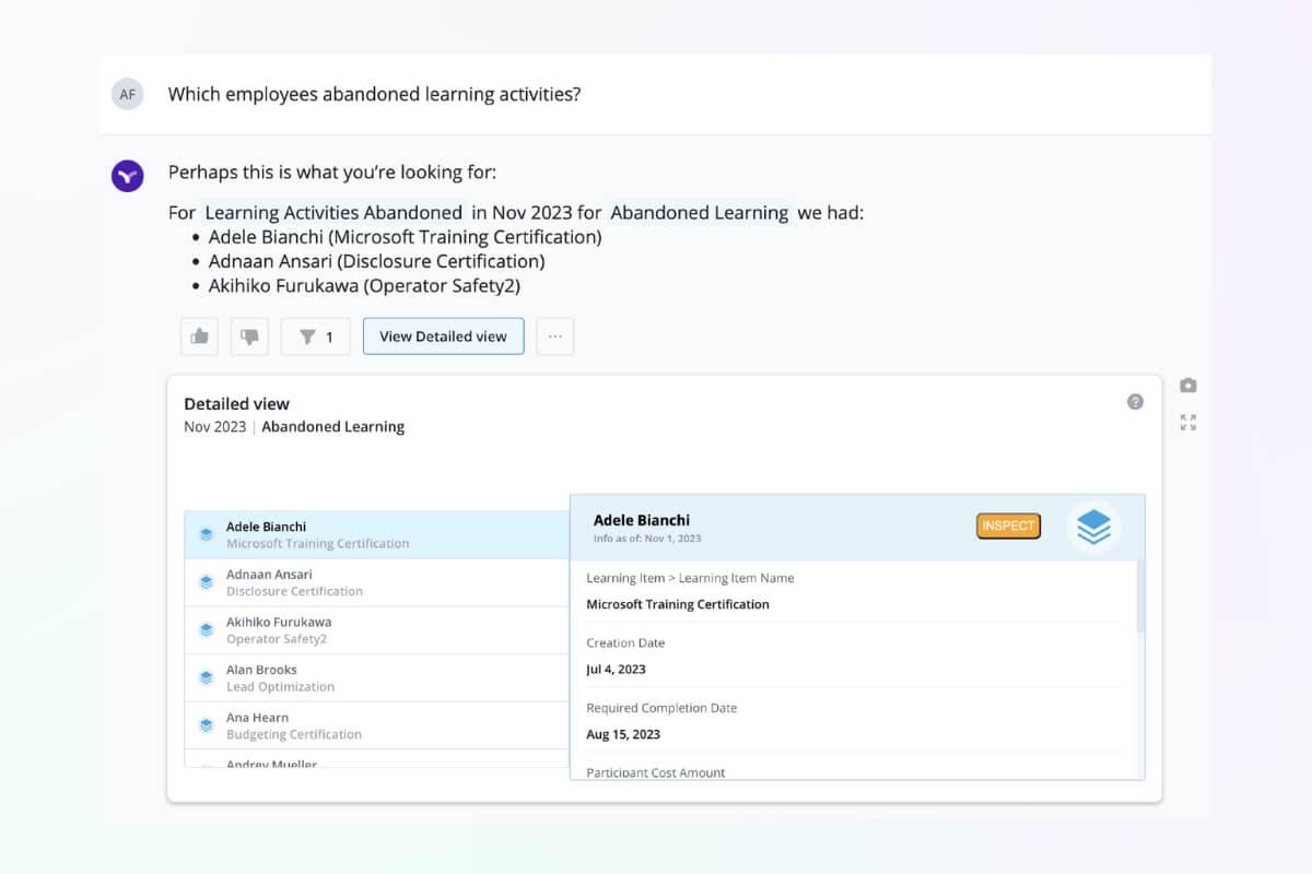 An example of a question Vee can answer for line managers about learning and development.