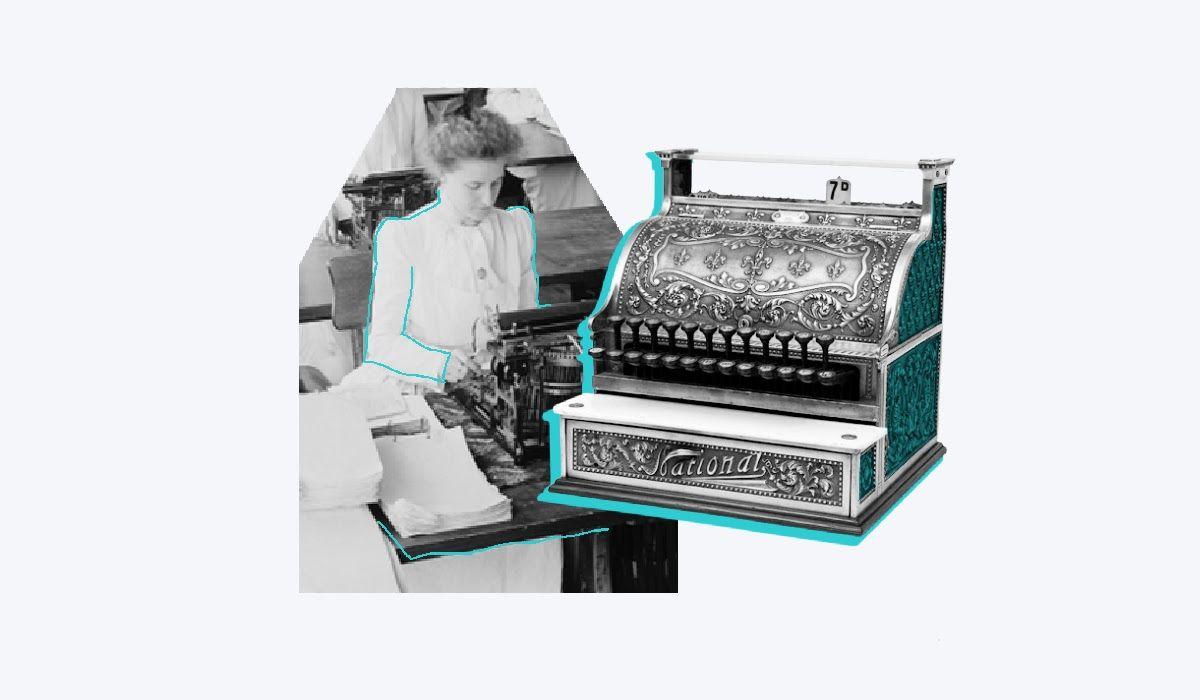 A woman working on a typewriter beside an ornate cash register, representing the administrative origins of the first human resources department.