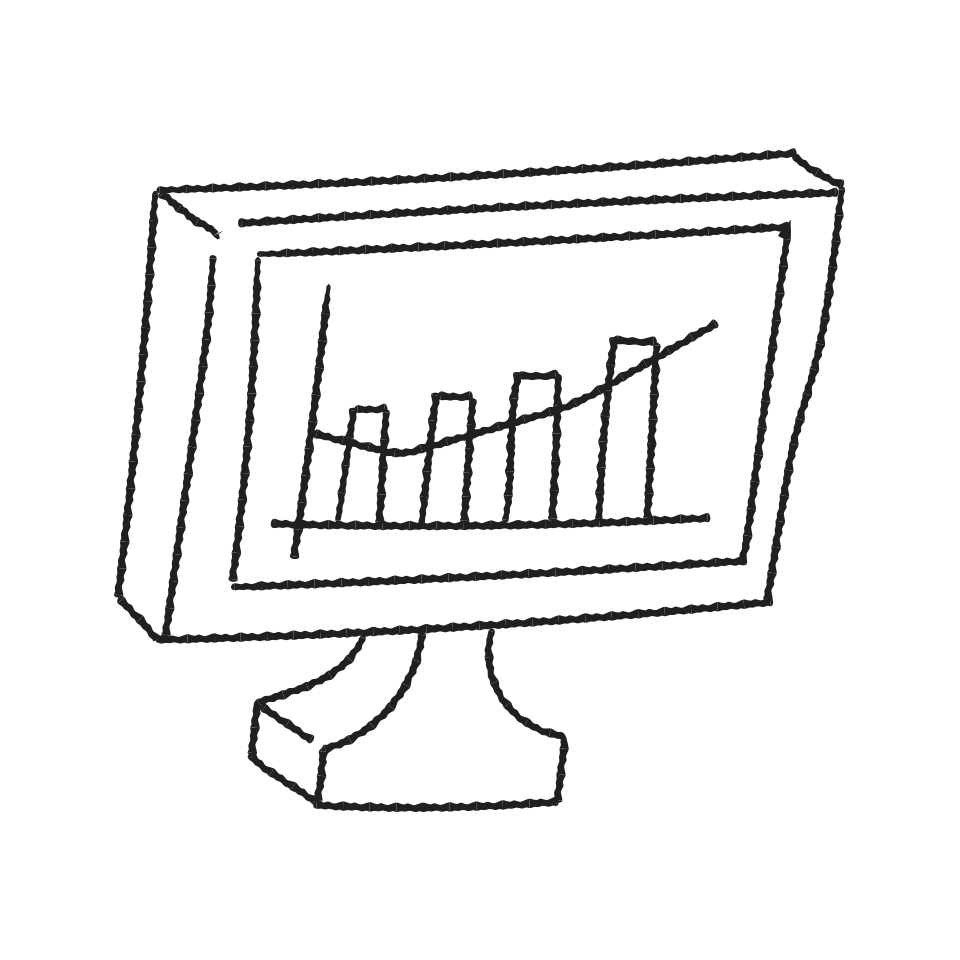 A desktop monitor showing a rising bar chart