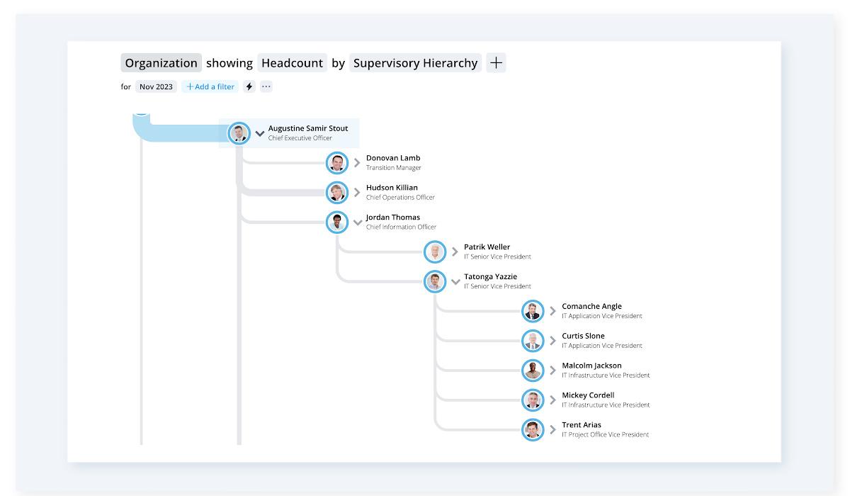 Explore the hierarchical structure of an company with the organization data visual