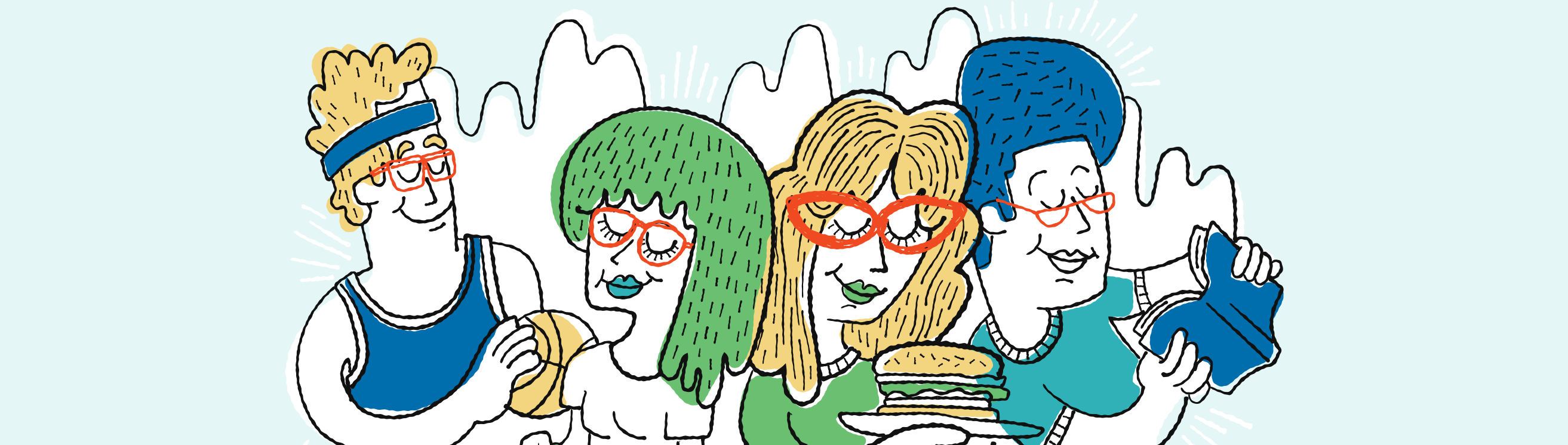 Four illustrated people wearing red glasses, holding a burger, a book and a basketball