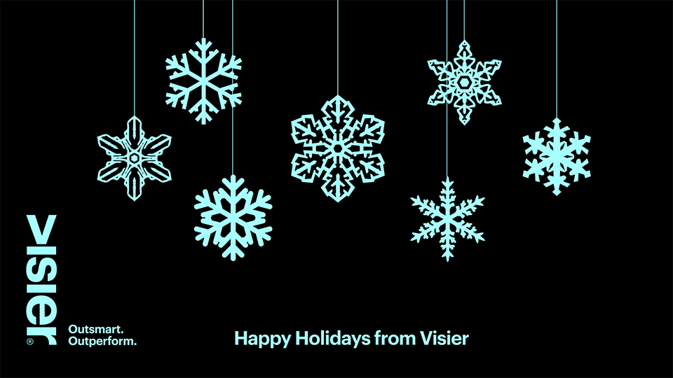 Visier holiday card for 2017 features glittering snowflakes on a black backdrop with the message Happy Holidays from Visier across the bottom