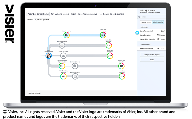 Data visualization of Visier Career Journey a people analytics capability for employee career growth discussions