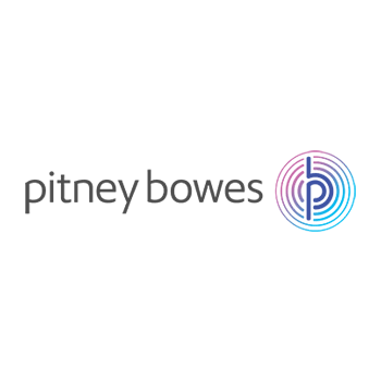 Pitney Bowes logo with magnifying glass, video, quote icons
