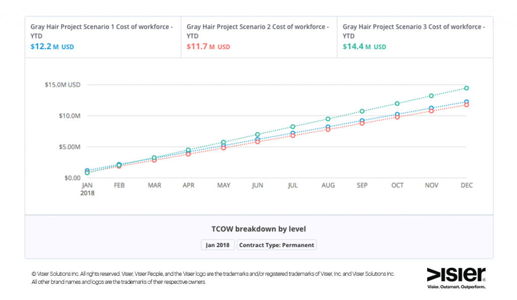 Data visualization comparing total cost of workforce for different grey hair project scenarios