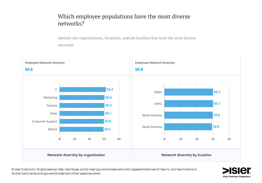 Data visualizations that show what employee network diversity look like by organization and by location in order to determine which populations have the most diverse networks