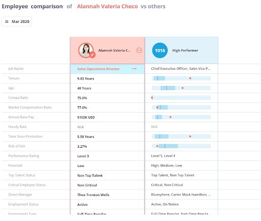 This analyses shows a comparison of two employees based on different characteristics.