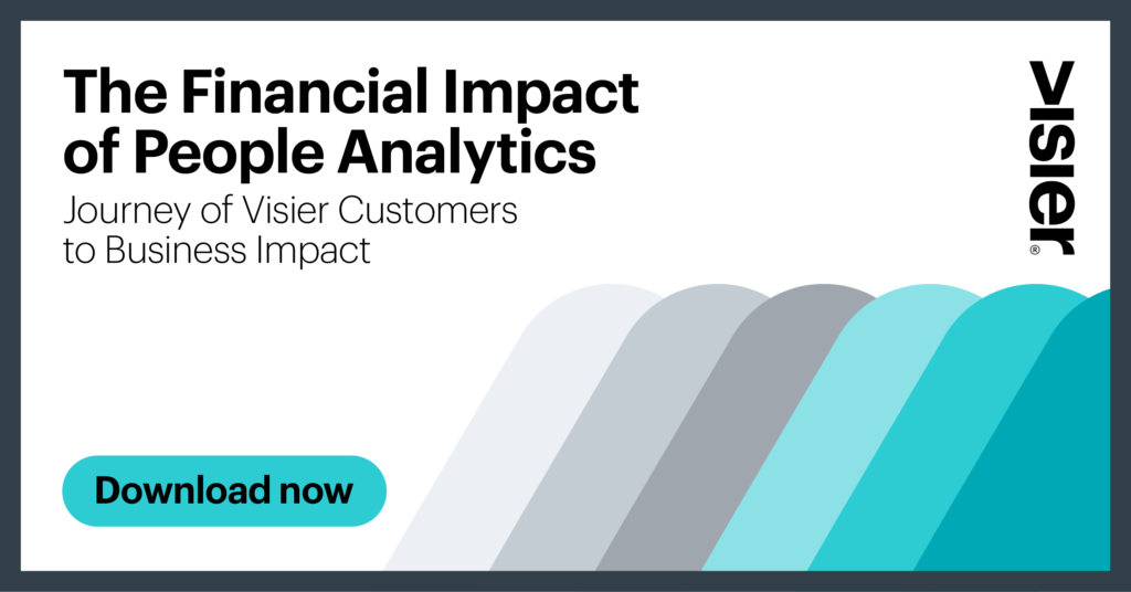 Graphic showing the title of Financial Impact of People Analytics: Journey of Visier Customers to Business Impact and a call to action to download now