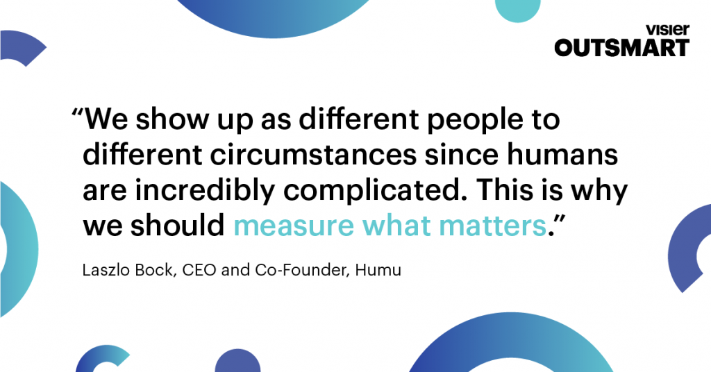 Quote from Laszlo Bock, CEO and Co-Founder, Humu that says We show up as different people to different circumstances since humans are incredibly complicated. This is why we should measure what matters