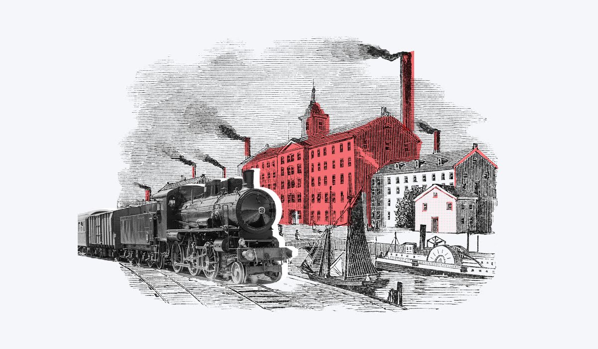an artisitic rendering of the industrial revolution showing steam train, factories