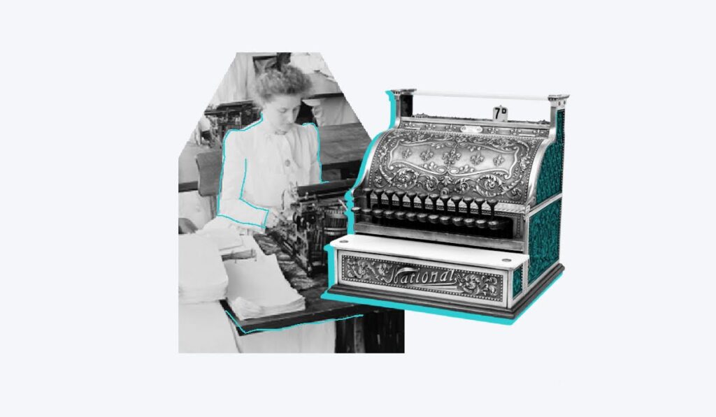 The first HR department is attributed to the national cash register company, an image of an old cash register and a woman typing