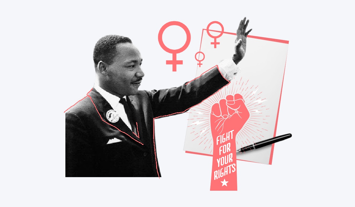 image representing some of the major changes to work in the 1960s and 1970s united states. Martin luther king, woman symbols, a raised fit saying fight for your rights