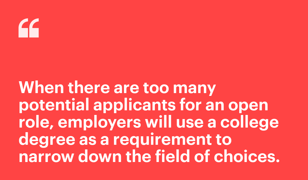 "When there are too many potential applicants for an open role, employers will use a college degree as a requirement to narrow down the field of choices"