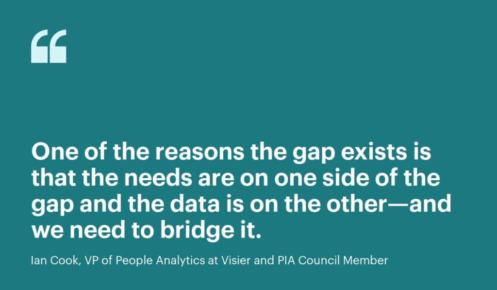 Quote from Ian Cook, VP of People Analytics: One of the reasons the gap exists is that the needs are on one side of the gap and the data is on the other—and we need to bridge it. 